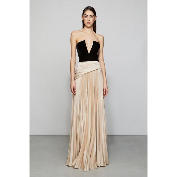 ET OCHS Black Half n Half Velvet Deep V-Neck Charmeuse Pleated Skirt Gown - Picture 14 of 16